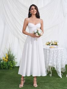 Đầm trắng thanh lịch, dây mảnh, dài ngang gối, không tay, dáng chữ A, đính ren, gợi cảm, thích hợp cho tiệc tùng hoặc mặc thường ngày, mùa hè. - trắng - Xem 8