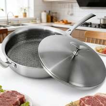 Chảo rán bằng thép không gỉ 12 inch có nắp, bộ chảo wok gốm chống dính 5 lớp 5.5 QT, thích hợp cho bếp từ và bếp lửa. - Xem 7
