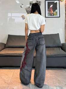 1pc Women's Loose Fit Embroidered Wide Leg Jeans, Comfortable Casual High Street Fashion Pants (Belt/Accessories Not Included) Spring Black - màu đen - Xem 11