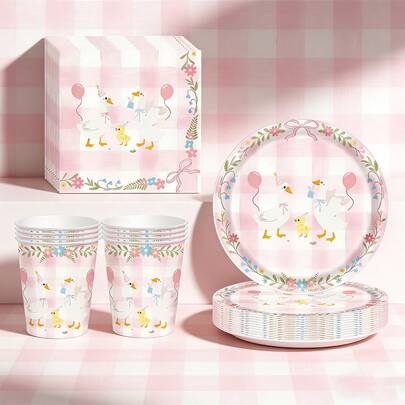 1 Set de vajilla de fiesta de cumpleaños con tema de ganso tonto y decoración de moño rosa, que incluye platos, vasos, servilletas, adecuado para fiesta de baby shower