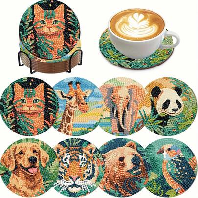 Bộ 8 đế lót ly tranh đính kim cương hình động vật, bề mặt kim cương mịn bóng, keo dính chắc chắn, kèm đầy đủ dụng cụ, dễ dàng cho người mới bắt đầu, đồ thủ công giúp giảm căng thẳng, quà tặng năm mới, ngày Valentine, Giáng sinh, ngày Nhà giáo, đồ trang trí nhà cửa cho gia đình, bạn bè, người yêu, giáo viên.