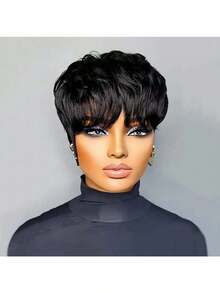 Short Bob Wig For Pixie Cut Wigs Glueless Wig None Lace Front Wig With Bangs Natural Black Straight Full Machine Made Short Layered For Daily Use - Black - View 2