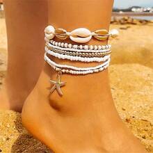 Set de 6 piezas de pulseras de playa de verano con conchas, cuentas, estrella de mar dorada, perla, accesorios de joyería de estilo bohemio, perfectos para vacaciones en la playa - Multicolor - Ver 1
