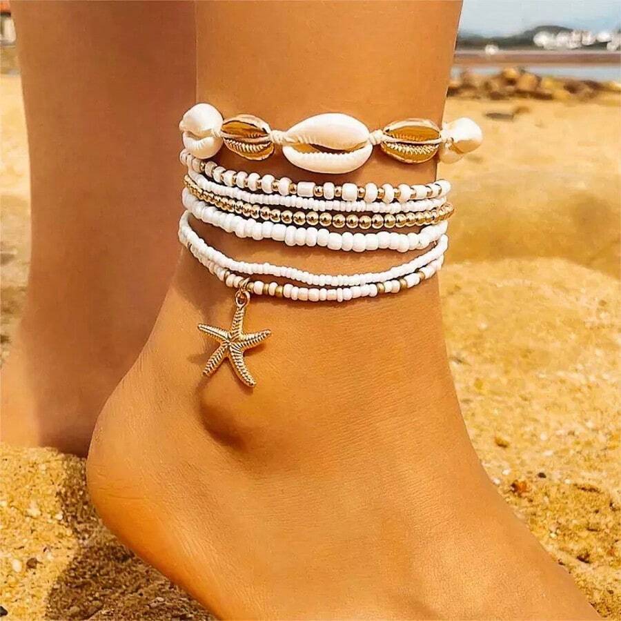 Set de 6 piezas de pulseras de playa de verano con conchas, cuentas, estrella de mar dorada, perla, accesorios de joyería de estilo bohemio, perfectos para vacaciones en la playa - Multicolor - Ver 1