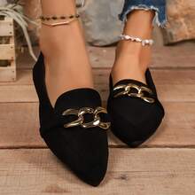 Zapatos planos casuales para mujer con decoración de cadena dorada, punta afilada, adecuados para uso al aire libre en primavera/otoño, trabajo y uso diario - Negro - Ver 7