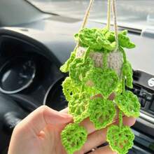 Cute Potted Plant Crochet Hanging Basket, Car Decoration Hanging Basket, Car Accessories, Handmade Woven Car Decoration, Rearview Mirror Accessories - 空心綠葉 - 查看 17