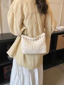 女士新月形编织单肩包，时尚优雅的米色度假包 - 米色 - 查看 3