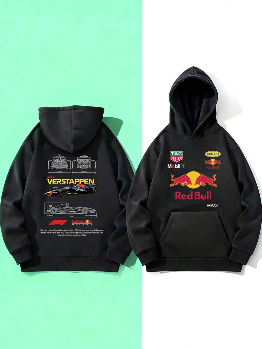 Red Bull Verstappen F1 Racing Blueprint Print Hooded Sweatshirt, Comfortable For Autumn And Winter, With Pockets, Washable, Perfect For F1 Racing Fans, Suitable For Everyday, Outdoor, And Party Outfits. - 黑色 - 查看 1