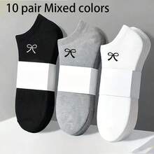 6/10 Pairs Women & Unisex Bow Tie Short Socks - Breathable Comfortable Invisible Pressure Socks Suitable For Thick Thighs & Loose Ankles, Classic Solid Color - Multicolor - View 2