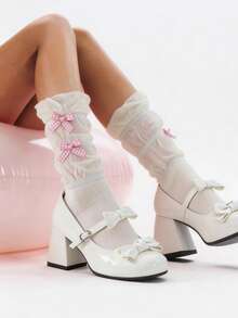 1双洛丽塔风格蝴蝶结袜，女士薄款网眼中筒袜，夏季 - 白色 - 查看 2