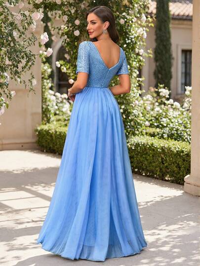 Vestido de fiesta azul de línea A con cuello en V, manga corta y lentejuelas de malla para mujer, elegante vestido de gala formal, adecuado para invitados de boda, ceremonia de graduación, banquete y otras ocasiones festivas de primavera