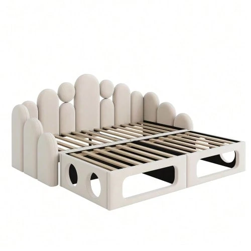 Canapé-lit rembourré avec couchage pour animaux, lit rembourré multifonctionnel 2 en 1 180*200cm, lit rembourré en velours doux, sommier à lattes et dossier - Beige - Voir 1