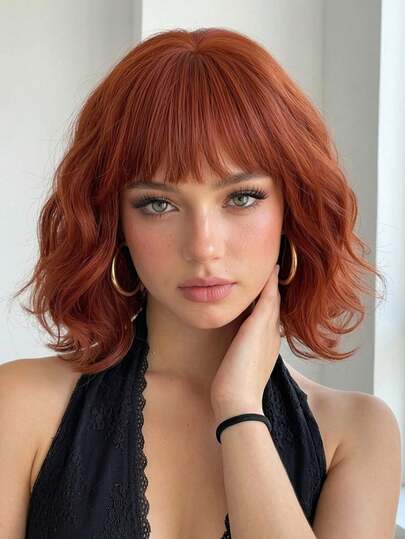 Fluffy Copper Red Short Curly Wig With Air Bangs, Premium Bob Wig For Women, Natural Hairline Heat Resistant Fiber Perfect For Daily Wear & Date Night