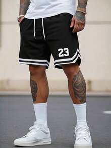 Men's Black Outdoor Basketball Shorts - Street Style Shorts With Number 23 Print And Stripe Decoration, Elastic Drawstring Waist, Loose Fit Sports - Black - View 1