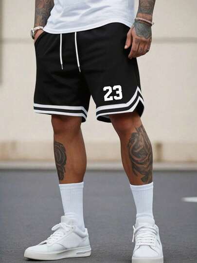 Men's Black Outdoor Basketball Shorts - Streetwear Style Shorts With Number 23 Print & Striped Trim, Elastic Drawstring Waist, Loose Fit Bottoms For Outdoor Activities, Daily Wear & Weekend Outings