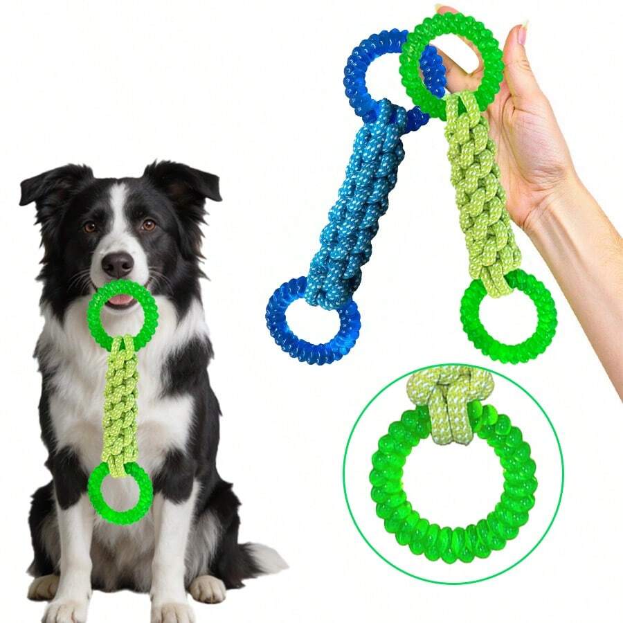1pc Dog Rope Knot Toy, Durable Chew Toy With Non-Slip Handle - Sturdy & Bite-Resistant, Helps Clean Teeth & Maintain Oral Health, Suitable For Medium & Small Dogs - Tug Of War, Fetch Games, Fun Interactive Pet Toy, Easy To Clean Mixed Fabric Material - Multicolor - View 1