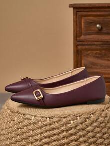 女士尖头套脚鞋，休闲派对装，适合春、夏、秋季穿着，黑色，日常户外活动皆宜，百搭搭扣带 - 酒紅色 - 查看 5