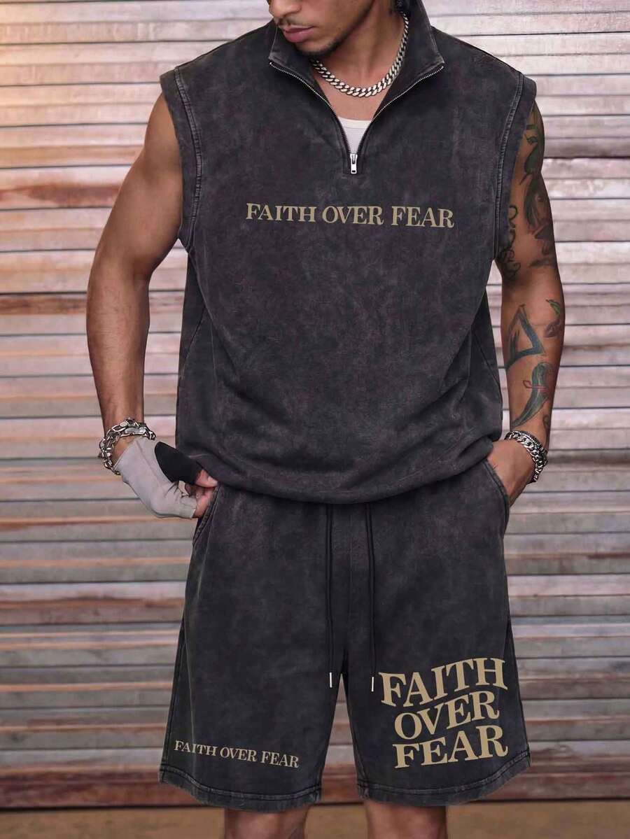 Simple-Men's Summer Washed Distressed Half-Zip Vest Set - Black - View 1