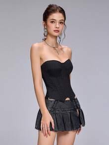 Một chiếc áo corset đen kẻ sọc thanh lịch dành cho nữ, với phần cúp ngực định hình có họa tiết kẻ sọc, kiểu áo corset không dây, đồ định hình phong cách Gothic Victoria, phù hợp cho ngày Valentine, các lễ hội âm nhạc, du lịch và nghỉ dưỡng. - màu đen - Xem 5