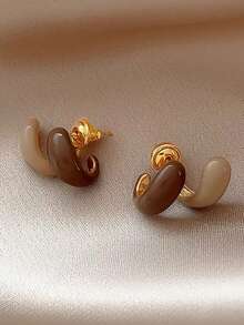 一对优雅法式奢华简约几何造型精致棕色珐琅前后耳环，适合女性日常、通勤、度假、派对佩戴 - 棕色 - 查看 4