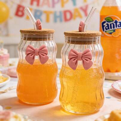 Cốc thủy tinh nơ Kawaii - Cốc uống nước thân lượn sóng dễ thương có ống hút và nắp đậy.