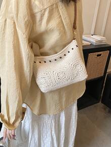 女士新月形编织单肩包，时尚优雅的米色度假包 - 米色 - 查看 4