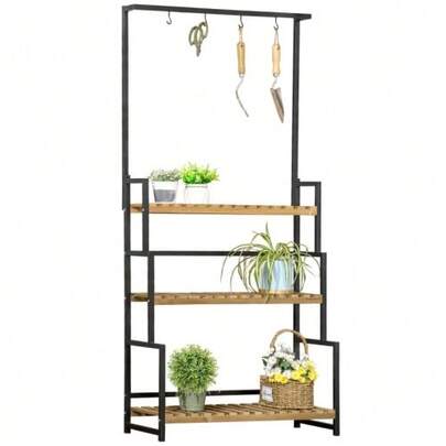 Plant Stand With 3 Tiers And Mounting Hooks, Flower Stand Made Of Natural Wood, 80 Cm X 36 Cm X 174 Cm, Natural