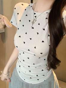 Áo thun cổ tròn tay ngắn đa năng với họa tiết trái tim tối giản dễ thương, thích hợp cho kỳ nghỉ. - xám trắng - Xem 4