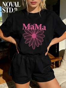 HypeHer Best Selling 2026 2 Piece Set Outfits Women's Casual Sports Street Style Retro College Round Neck Short-Sleeved Tee With MaMa Florals Prints + Ultra-Short Shorts Sports Sweater Suit Ultra-Loose Suit Women's Two Pieces Suit Women Short Sets Comfortable Two Pieces Set 2 Pieces Short Sets - 黑色 - 查看 3