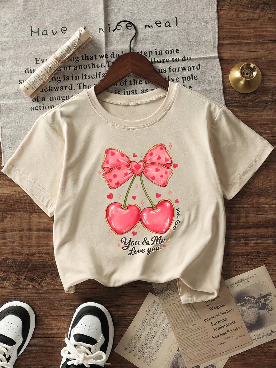 Girls & Teens Casual Printed Round Neck Short Sleeve T-Shirt, Summer Top - Apricot - View 1