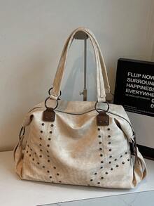 这款时尚新款女士单肩包采用PU材质，内部空间宽敞，米白色内衬，配有双提手和铆钉装饰，时尚优雅。包身还饰有红色心形吊坠，非常适合购物、外出、旅行等各种场合。 - 米色 - 查看 7