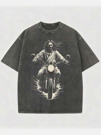 % algodón, 230g de peso, 230g lavado, camiseta con estampado de temática motociclista, camiseta de marca de moda vintage de algodón batik de alta calidad, camiseta para hombre, ropa de verano para hombre, regalo de Halloween y Navidad, regalo de vacaciones adecuado para todas las estaciones, estilo unisex, estilo urbano, versátil y estilizador, estilo callejero, diseño único.