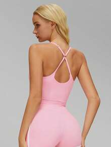 MFVIM 女士裸感运动瑜伽背心，交叉后背紧身瑜伽背心，透气舒适休闲运动T恤，适合跑步、骑行、普拉提、瑜伽、健身房锻炼，多功能女士运动文胸 - 粉色 - 查看 11