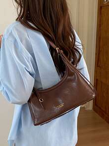 2026 早春新款复古棕色纹理腋下包，女士小众设计多功能单肩包，通勤手提包 - 咖啡 - 查看 2