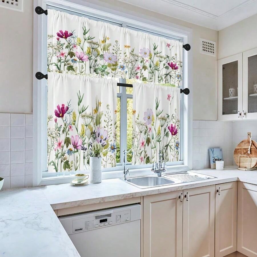 1/2/3pcs Spring Flower Kitchen Window Curtains Valance And Tier Set , Pink And Purple Floral Summer 3pcs Set Short Curtains For Window Treatment Tiers For Living Room Bedroom - 1件-60*18吋(152*46公分) - 查看 1
