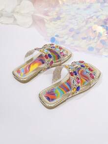 Chanclas de moda para niños, nuevas chanclas de verano para la playa con diseño brillante, decoración de diamante de imitación y punta cuadrada para niñas - Multicolor - Ver 5