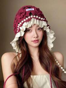 1顶日式甜美仿珍珠镂空花朵针织帽，夏季时尚手工钩编蕾丝流苏帽 - 彩色 - 查看 5
