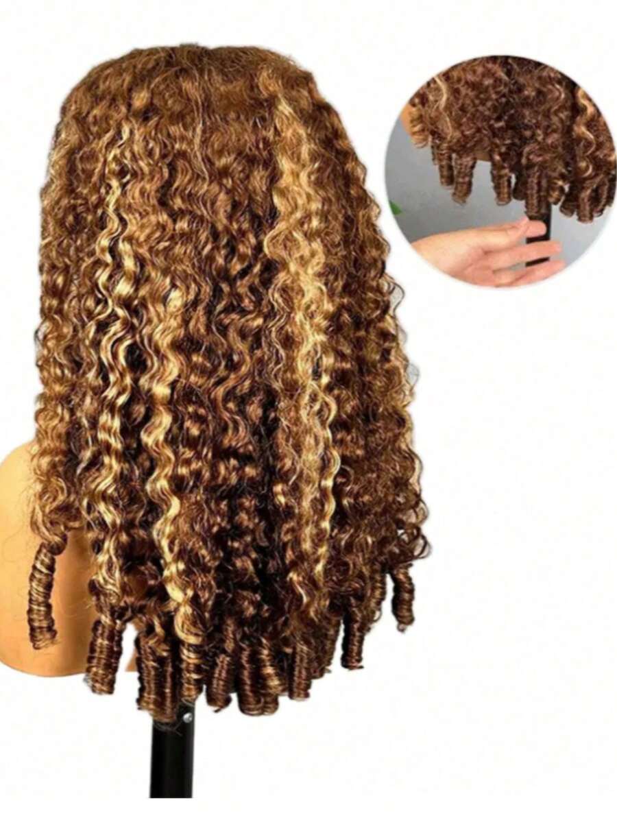 Perruque mi-longue 3-en-1 sans couture à densité de 200%, boucles birmanes à haute brillance ton 4/27, ligne de cheveux naturelle, sans colle ni adhésif, convient à un usage quotidien, cadeau de la Saint-Valentin, accessoire capillaire pour femmes pour les voyages et les vacances, livraison rapide - SP4/27 - Voir 1