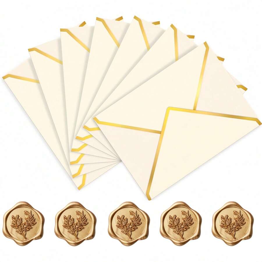 10/20 chiếc phong bì thư cao cấp 5x7 inch có viền vàng, phong bì thiệp chúc mừng bằng giấy có tem sáp, thích hợp để đựng thiệp quà tặng, tiền mặt, thiệp cưới, thiệp mời, thiệp tốt nghiệp, v.v. - Xem 1