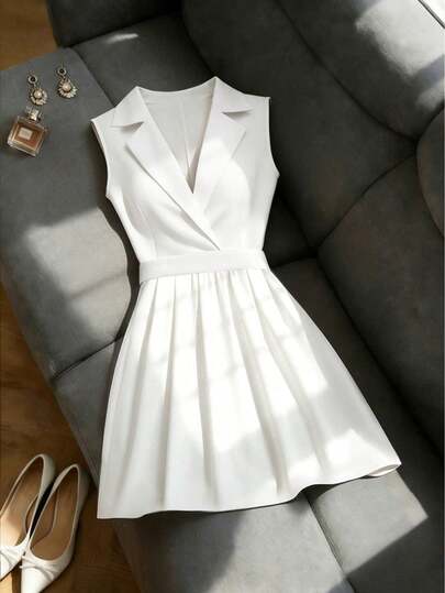 Women's New White Solid Color Elegant Party Dress, Short Style Suitable For Office, Casual, Commute, Vacation, Evening, Date, Gathering Summer