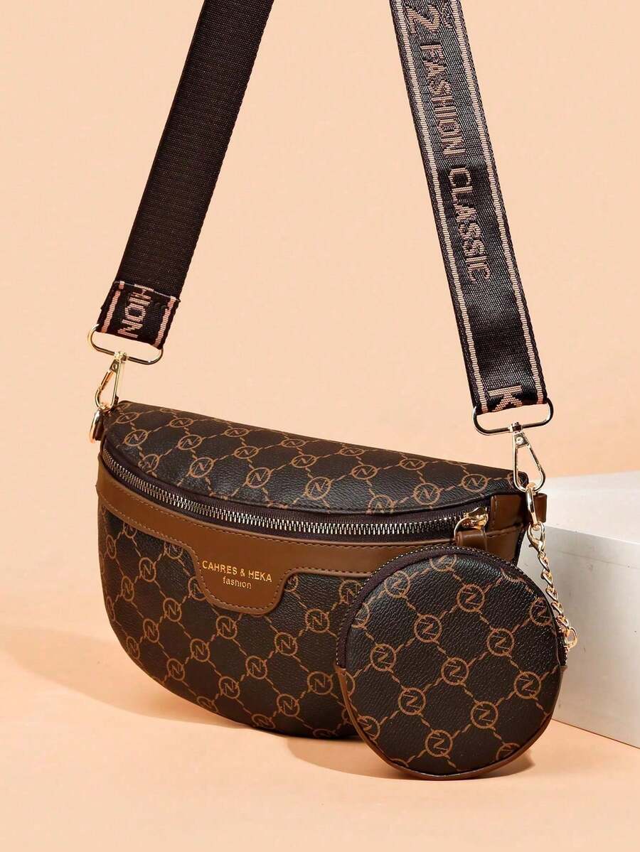 2pcs/Set Fashionable Floral Pattern Waist Bag With Coin Purse - Brown - View 1