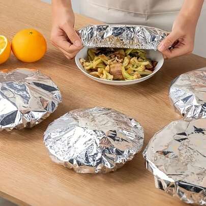 10/20/30/50片装可重复使用铝箔食品保鲜膜，隔热拉伸膜，耐用耐热，适用于水果、餐食、餐具、保温食品容器，反光表面，耐热盖