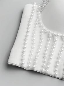 Handmade Pearl Camisole Strap Top, Fashionable & Youthful, Shaping, Solid Color, Gather & Lift, Retro, Sexy Clubwear Crop Top For Women Casual White Summer - White - View 8