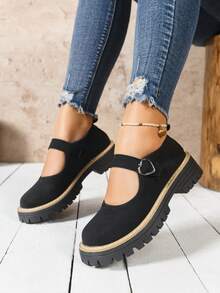 2025新款百搭圆头休闲心形搭扣乐福鞋，镜面材质，低帮，粗跟，复古优雅英伦风，舒适软底中跟牛津鞋，女士日常穿着，黑色亮面 - 黑色 - 查看 2