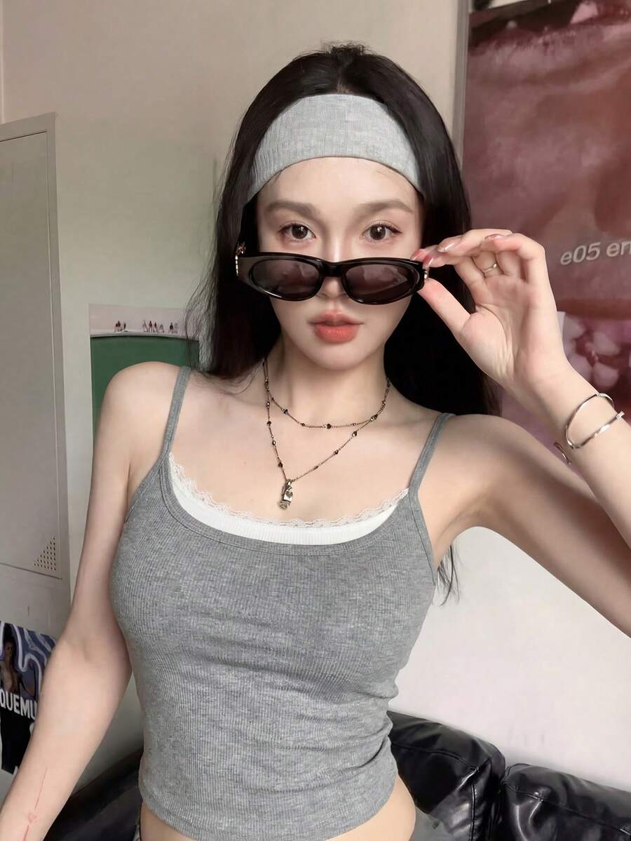 New Spring/Summer Spaghetti Strap Tank Top For Women, Grey Lace 2 In 1 Slim Fit Sexy Camisole With Padded Bust, Versatile Layering Piece Casual - Grey - View 1