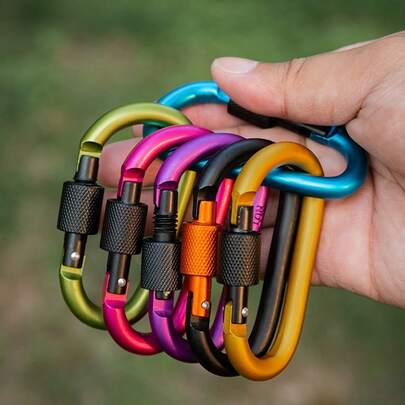 1/5pcs Random Color D-Shape Locking Carabiners, Suitable For Camping, Hiking - Durable 8cm Aluminum Climbing Carabiners With Fashionable D-Ring Design