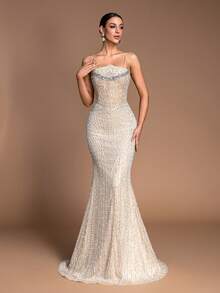 优雅闪亮手工串珠美人鱼晚礼服 - 性感吊带薄纱舞会婚纱 - 香檳色 - 查看 2