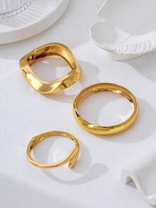 Set de 3 piezas/1 set de pulseras brazalete geométricas anchas de estilo minimalista, elegante y delicado retro, adecuadas para vacaciones, fiestas, citas, uso diario, regalo - Amarillo Oro - Ver 3