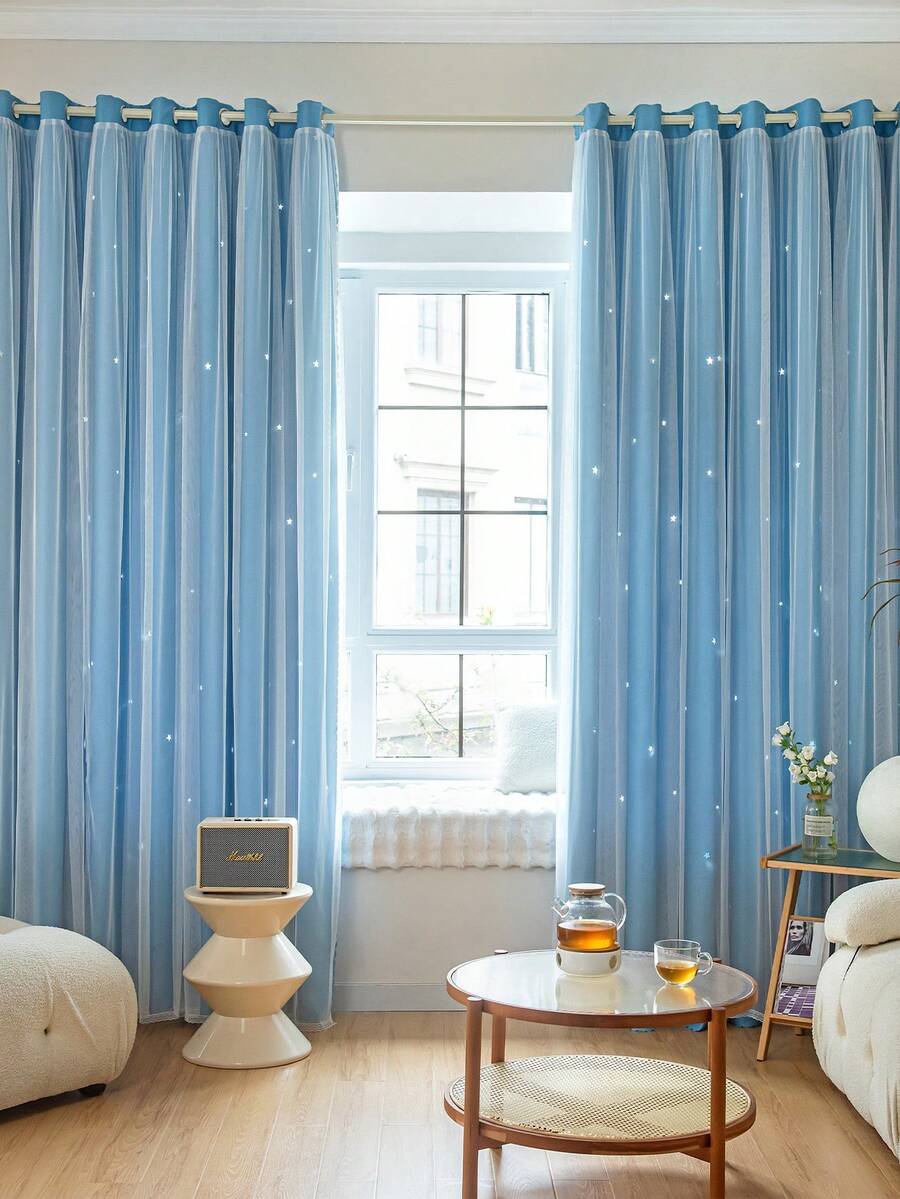 1件镂空星形窗帘，涤纶蕾丝双层薄纱窗帘，遮光卧室窗帘，可爱独特的公主风窗帘，适合节日使用 - 淺藍色 - 查看 1
