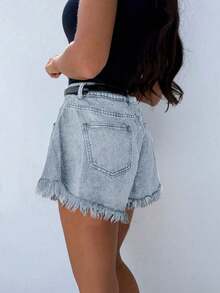 Women's High Waist Loose Flared Denim Shorts With Pockets Summer - Light Blue - View 3